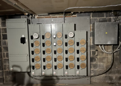Commercial multi-meter electrical panel installation with Siemens PowerMod equipment